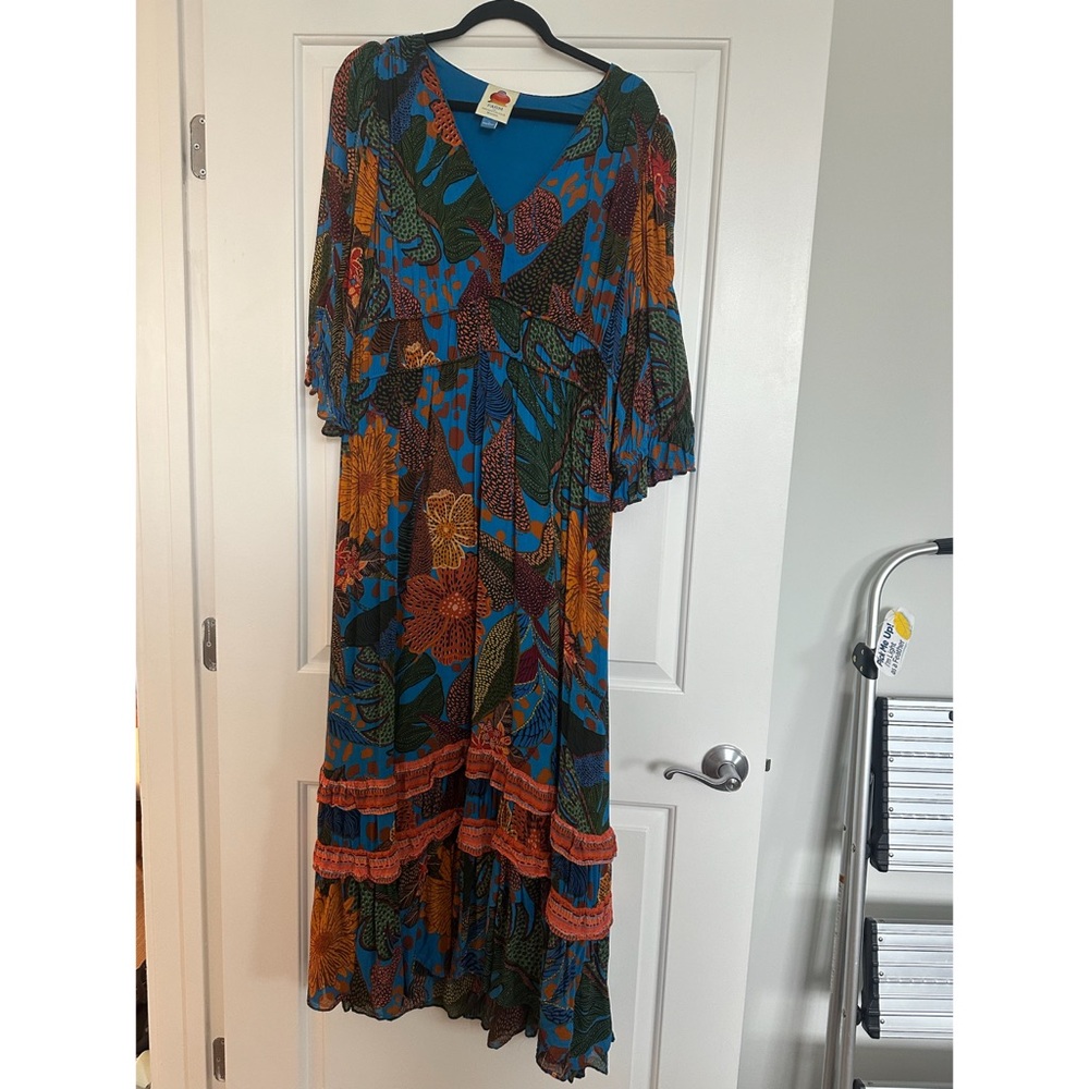 FARM Rio Blue and Orange Tiered Ruffled Maxi Sundress
